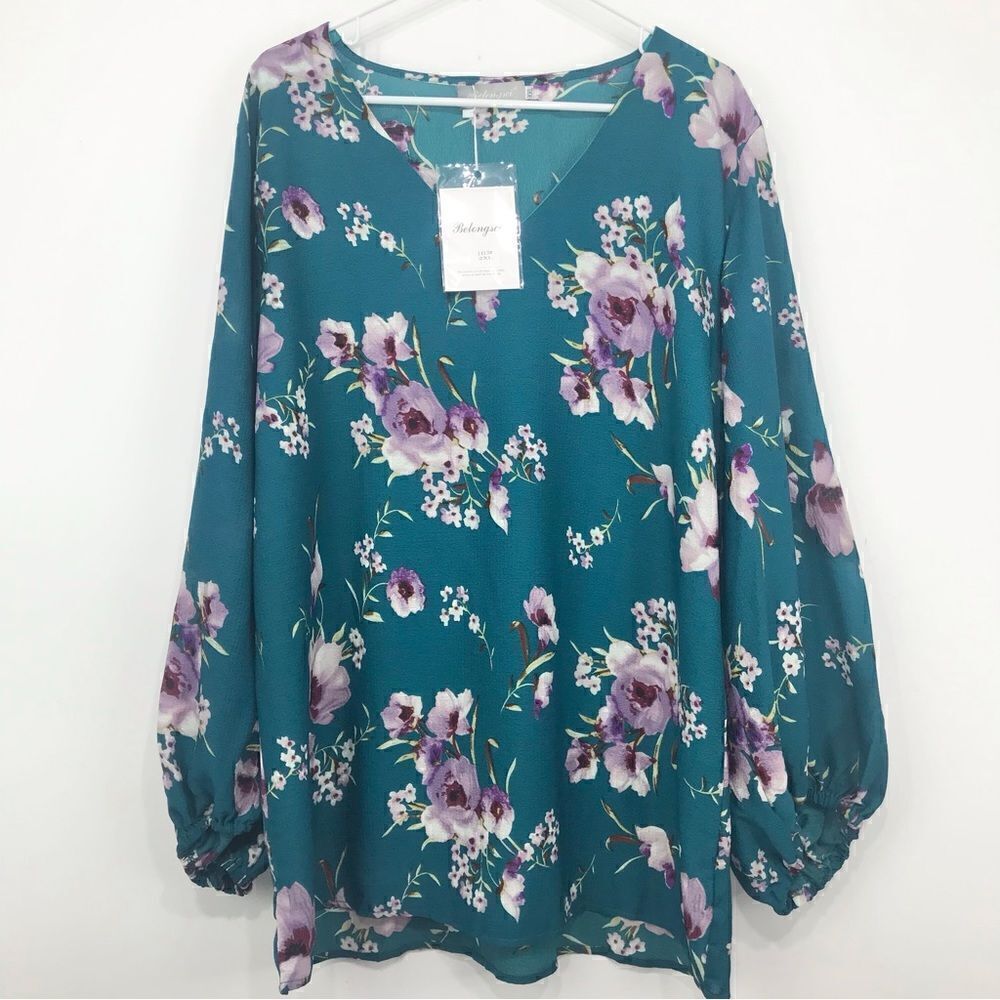 Belongsci Teal Pink Floral Print V Neck Spring Blouse NEW